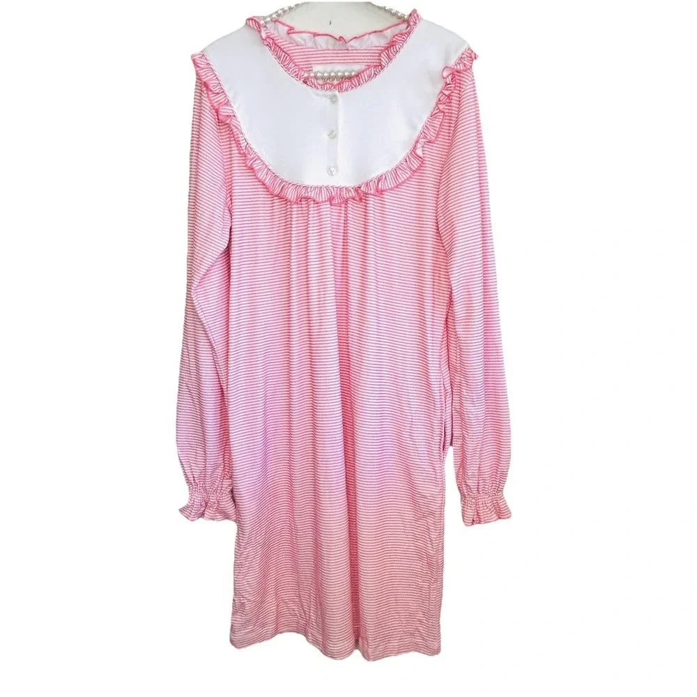 Dondolo‎ Rosina Pima Cotton Nightgown XXL Cottage Striped Pink Ruffle Midi NEW